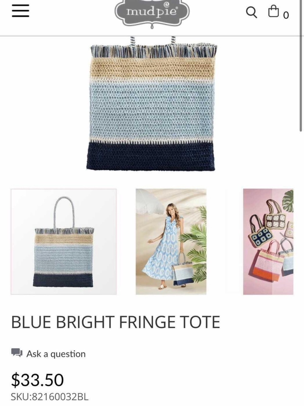 Mud Pie Blue and Navy Fringe Tote